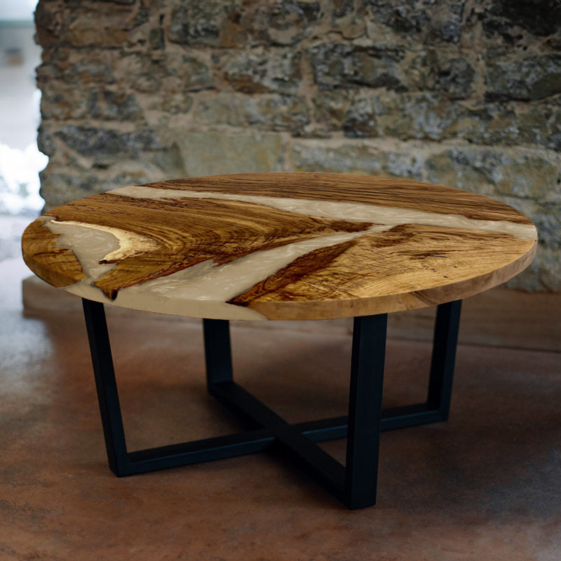 Epoxy Couchtisch. Couchtisch rund mit Epoxidharz elfenbein. Modell Hegauvulkan von schwarzhirsch