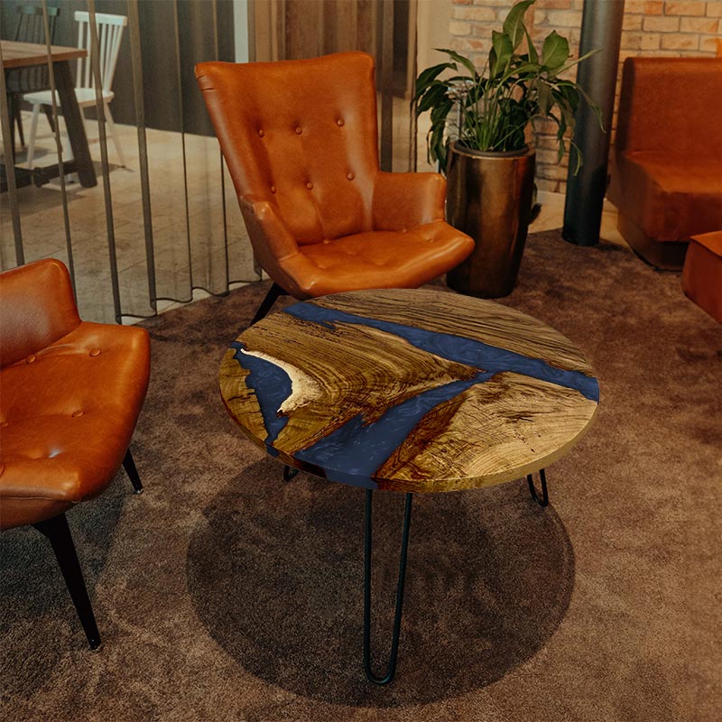 Epoxidharz Couchtisch. Couchtisch rund mit Epoxidharz blau. Modell Hegauvulkan von schwarzhirsch