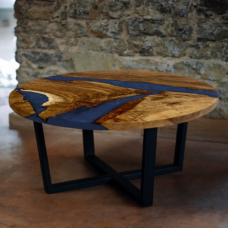 Couchtisch_Epoxidharz. Couchtisch rund mit Epoxidharz blau. Modell Hegauvulkan von schwarzhirsch