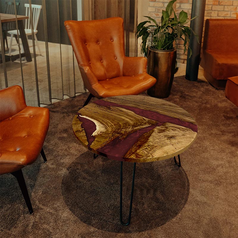 Couchtisch_Epoxidharz. Couchtisch rund mit Epoxidharz weinrot. Modell Hegauvulkan von schwarzhirsch
