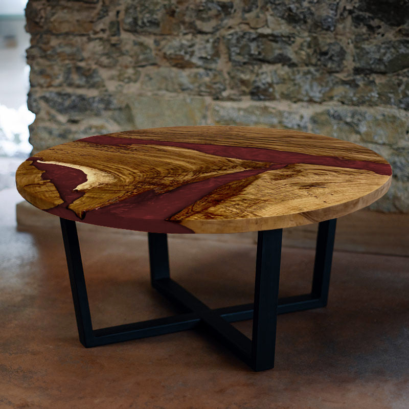 Epoxidharz Couchtisch. Couchtisch rund mit Epoxidharz weinrot. Modell Hegauvulkan von schwarzhirsch