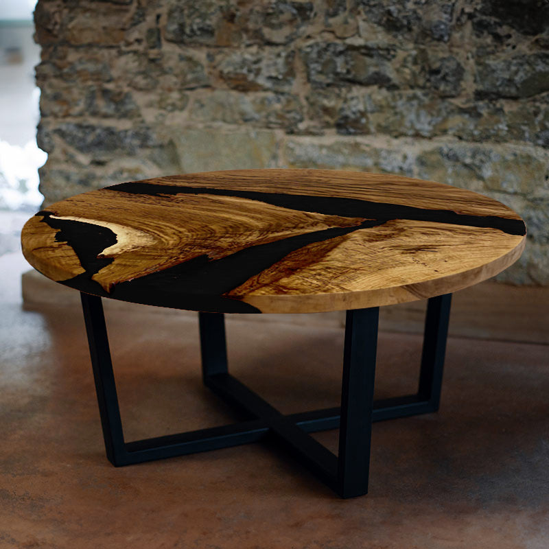 Epoxidharz Couchtisch. Couchtisch rund mit Epoxidharz schwarz. Modell Hegauvulkan von schwarzhirsch