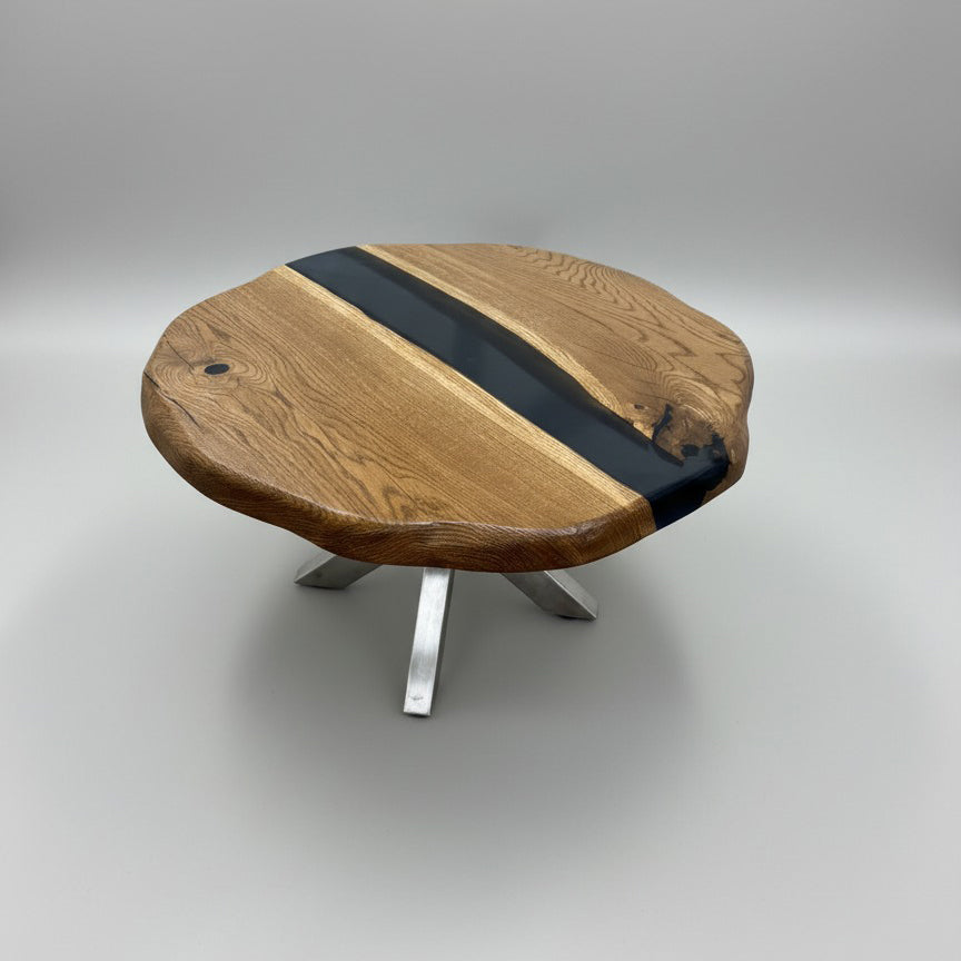 Sale! Epoxidharz Couchtisch aus Eiche | 70 cm Durchmesser | Kreuzgestell Edelstahl