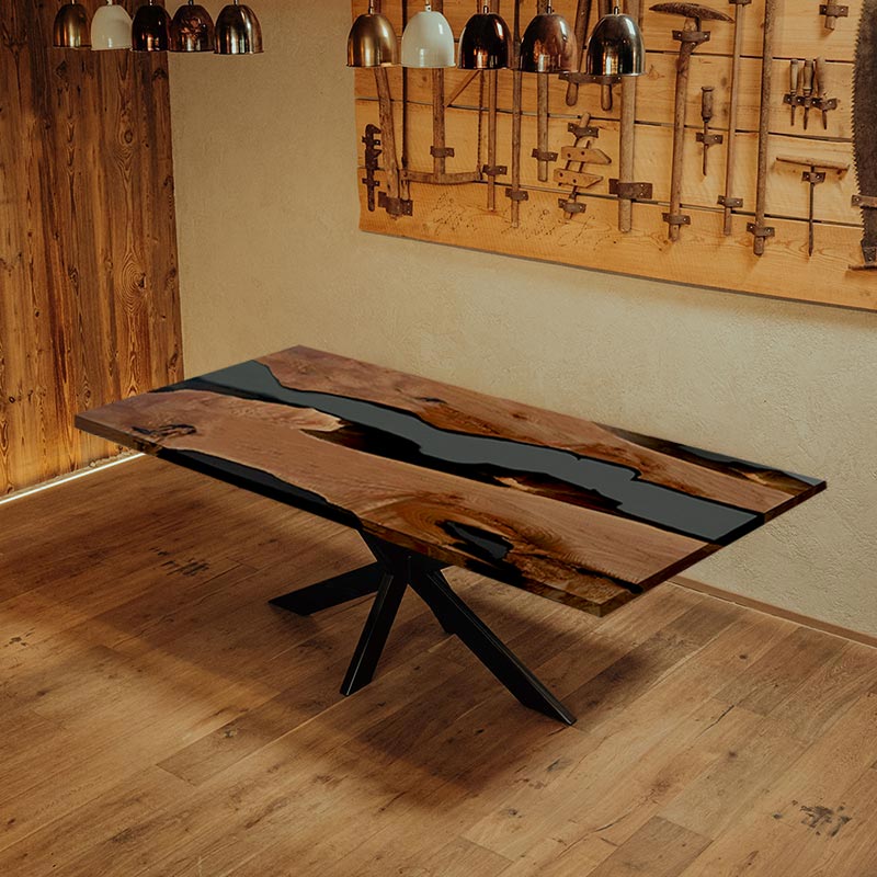 Epoxidharz Tisch aus Akazie mit Kreuzgestell. Modell Kuckuck