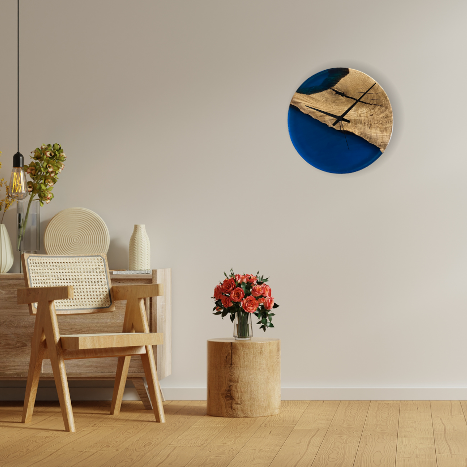 Epoxidharz Uhr aus Eiche blau