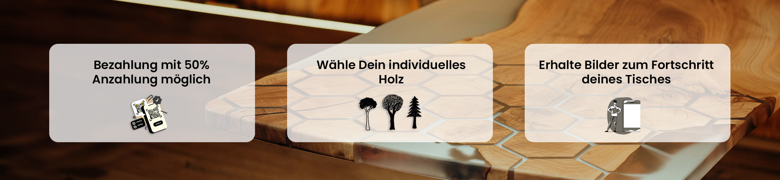 Vorteile Schwarzhirsch, 50% Anzahlung, Premium-Qualität, individuelle Holzauswahl