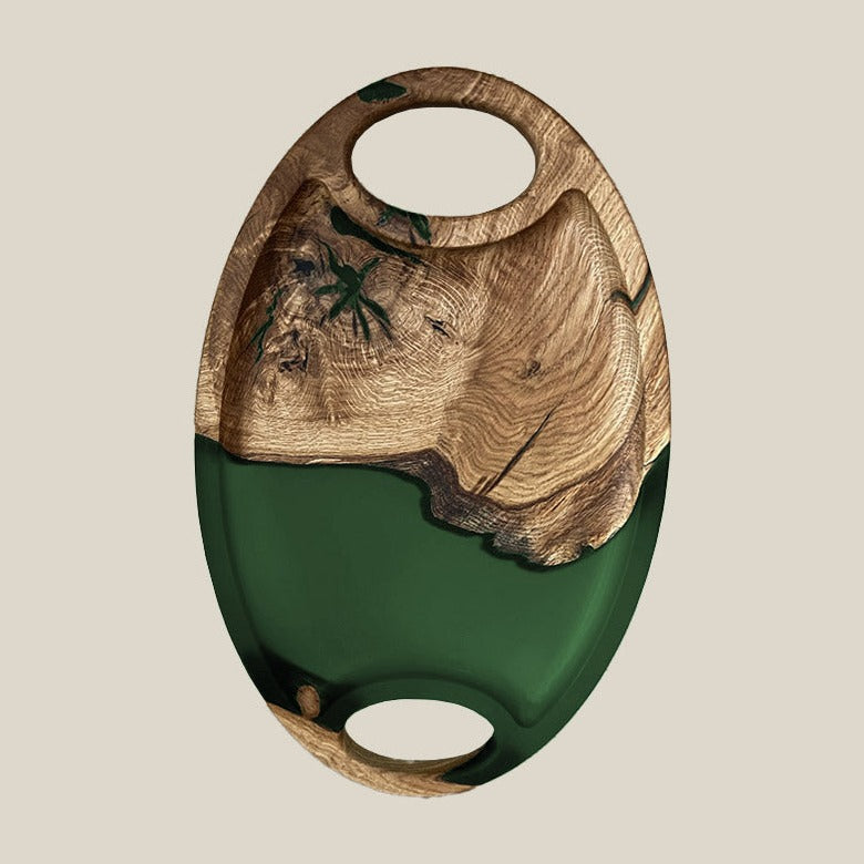 Servierplatte aus Epoxidharz und heller Eiche. Modell Kuckuck in grün