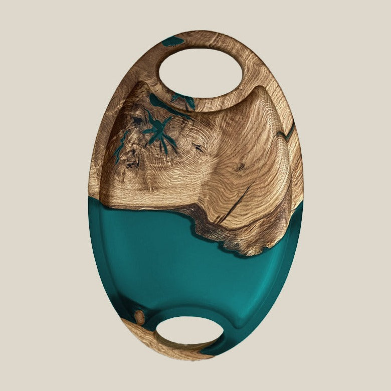 Servierplatte aus Epoxidharz und heller Eiche. Modell Kuckuck in türkis