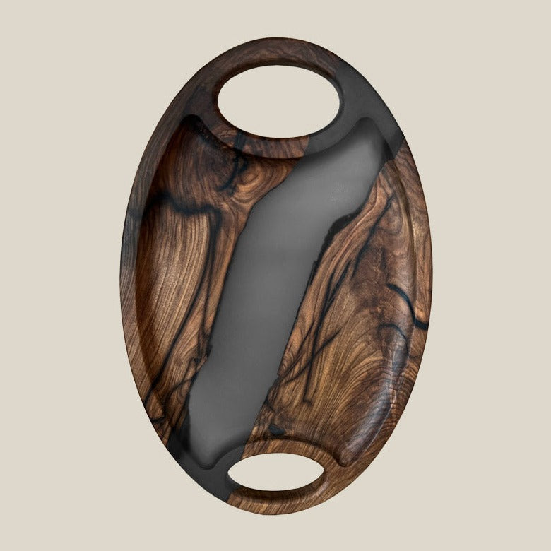 Servierplatte aus Epoxidharz und dunklem Nussbaum in anthrazit