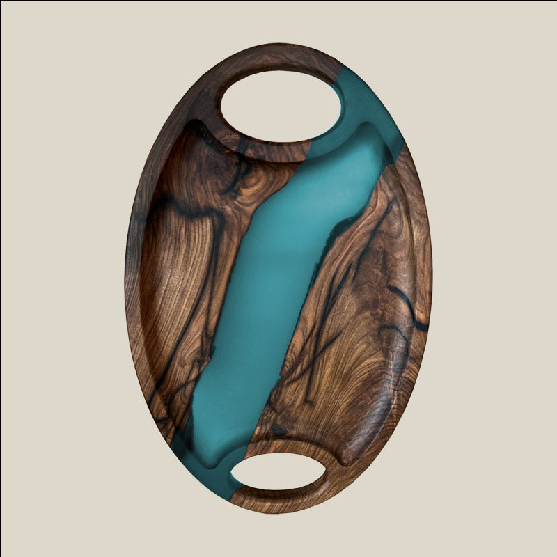 Servierplatte-Nussbaum und Epoxidharz dunkel tuerkis Noyer