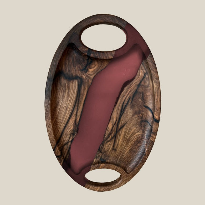 Servierplatte aus Epoxidharz und dunklem Nussbaum in weinrot