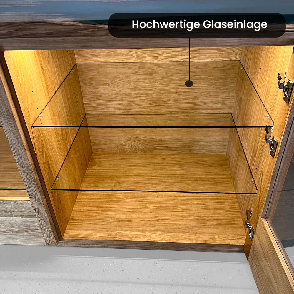 Sideboard Epoxidharz - Kommode aus Epoxidharz und Massivholz mit Glaseinlagen und Glastueren