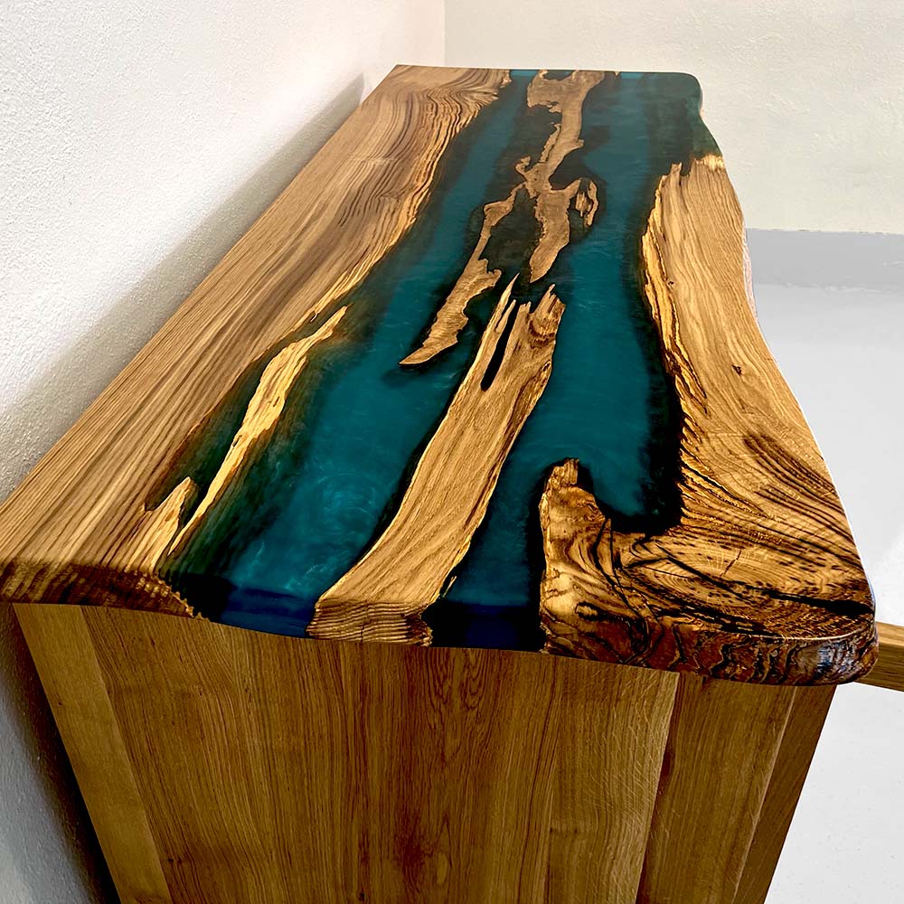 Sideboard Epoxidharz - Kommode aus Epoxidharz und Massivholz mit Glaseinlagen und Glastueren