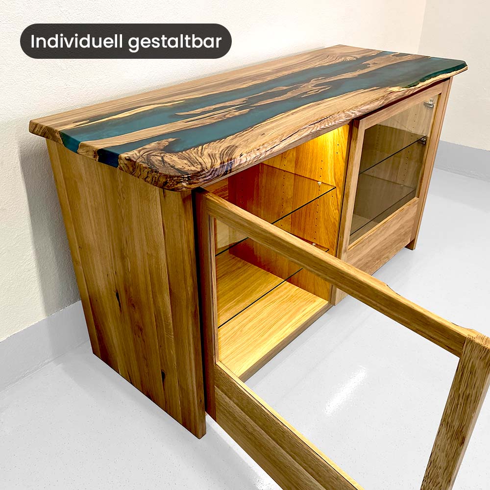 Sideboard Epoxidharz - Kommode aus Epoxidharz und Massivholz mit Glaseinlagen und Glastueren