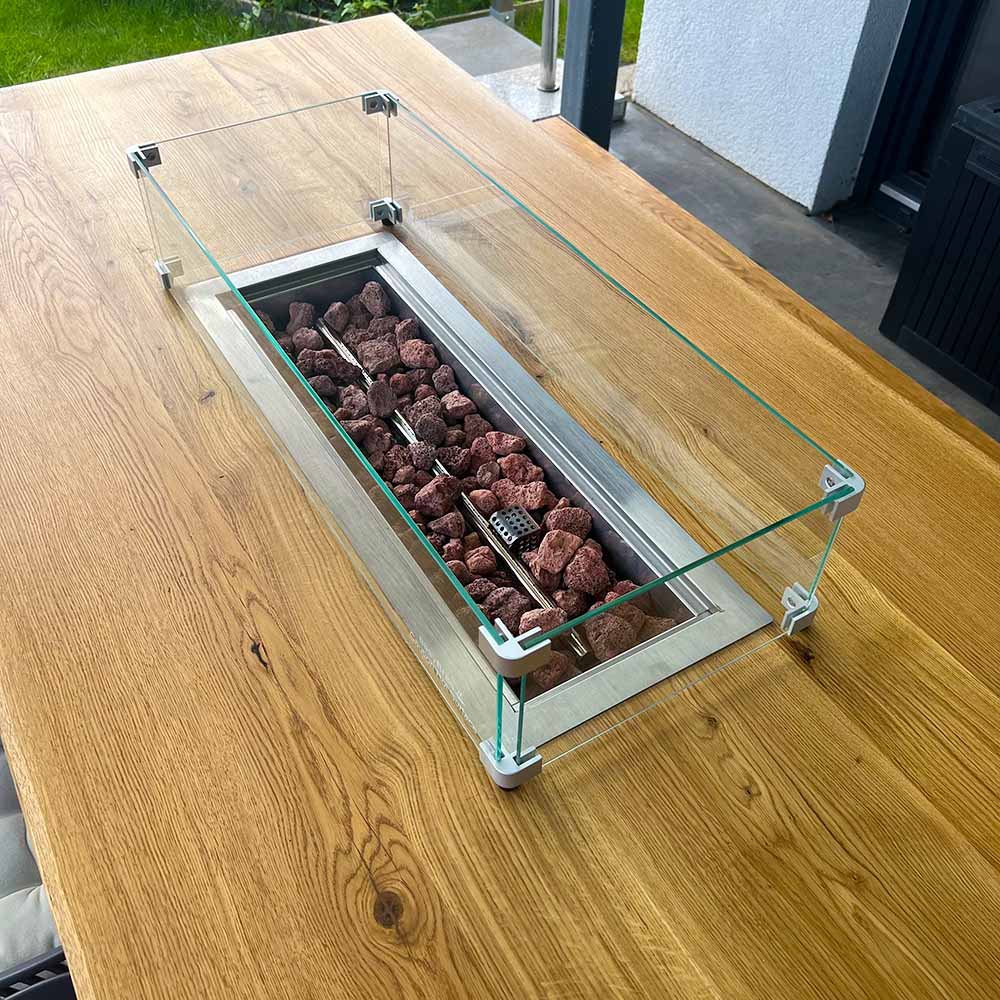 Terrassentisch Outdoor mit Feuerkamin | Feuertisch aus Eiche
