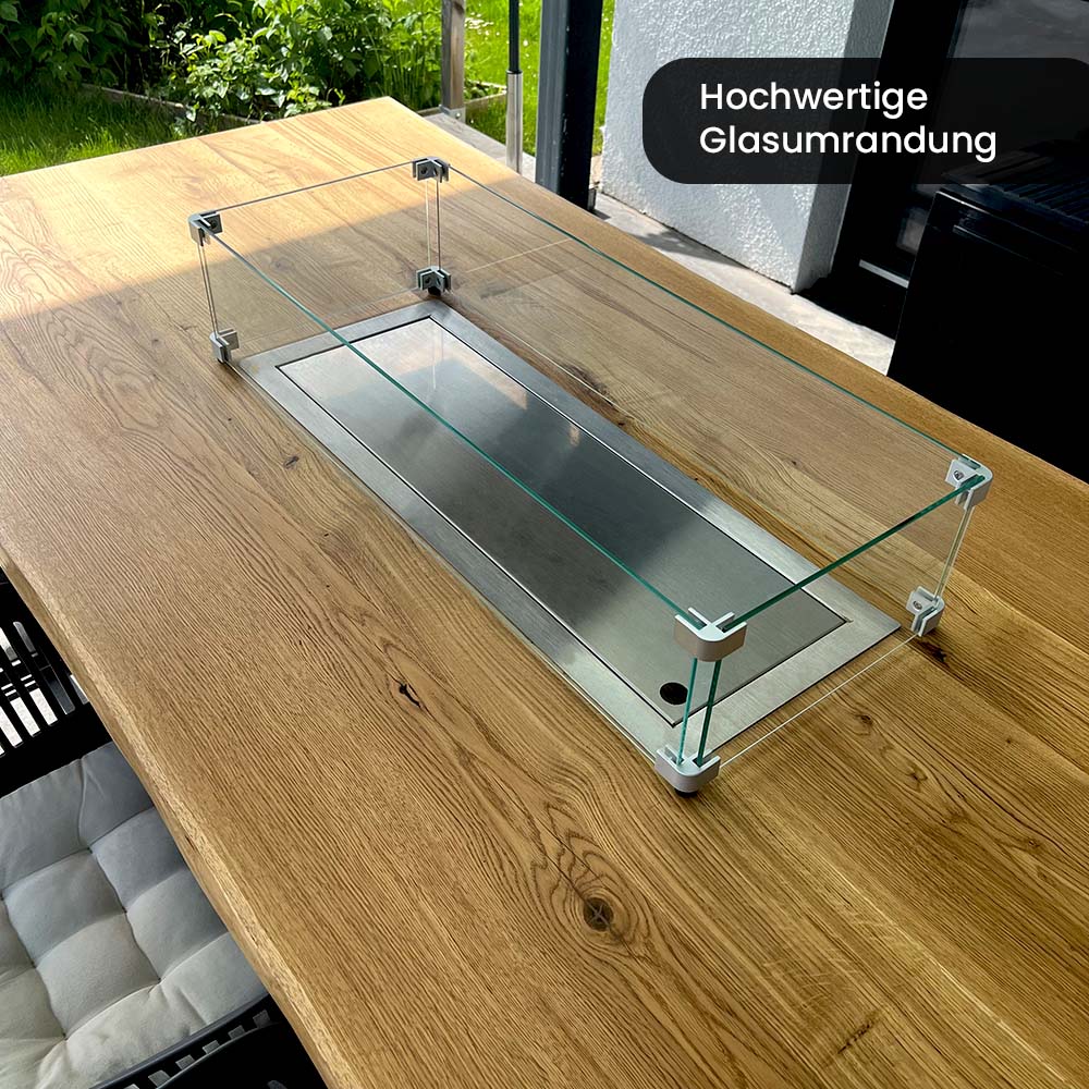 Terrassentisch Outdoor mit Feuerkamin | Feuertisch aus Eiche
