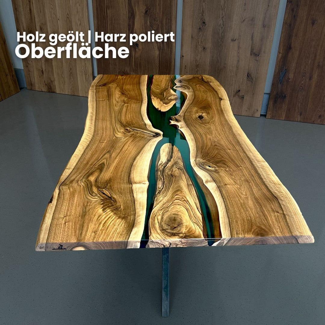 Epoxidharz Tisch aus Nussbaum in waldgrün | Modell Adria Nussbaum