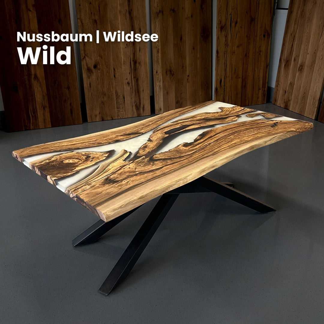 Epoxidharz Tisch aus Nussbaum in weiß | Modell Wildsee