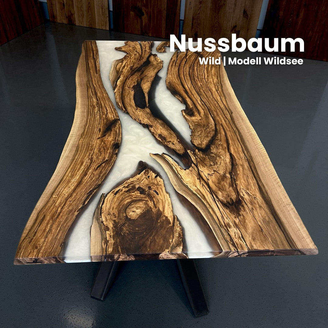 Epoxidharz Tisch aus Nussbaum in weiß | Modell Wildsee