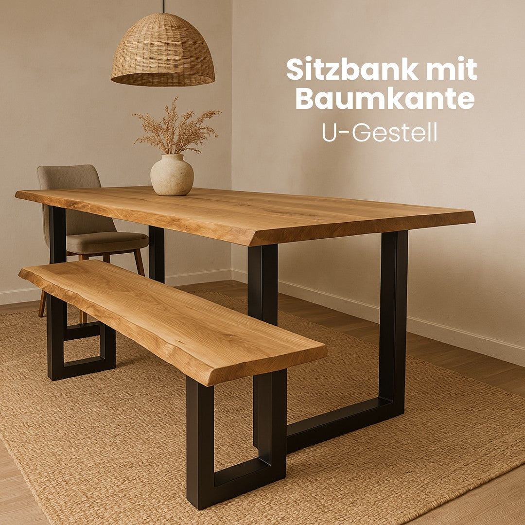 Sitzbank aus Eiche mit Baumkante | verschiedene Gestelle