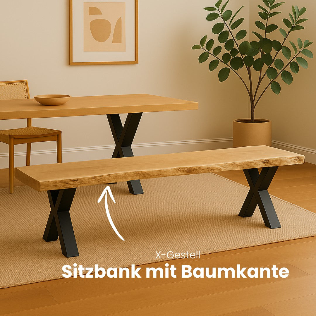 Sitzbank aus Eiche mit Baumkante | verschiedene Gestelle
