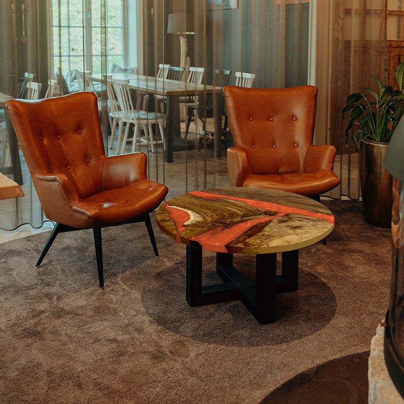 Epoxidharz Couchtisch. Couchtisch rund mit Epoxidharz lava. Modell Hegauvulkan von schwarzhirsch