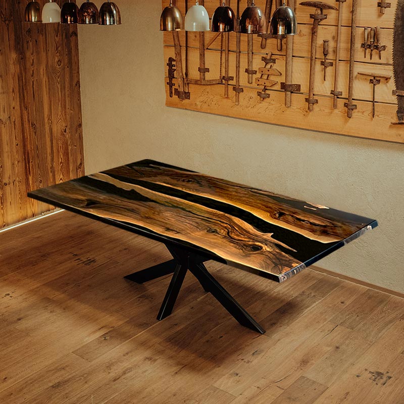 River Table aus Nussbaum dunkel mit Kreuzgestell. Modell Rheinfall von Schwarzhirsch