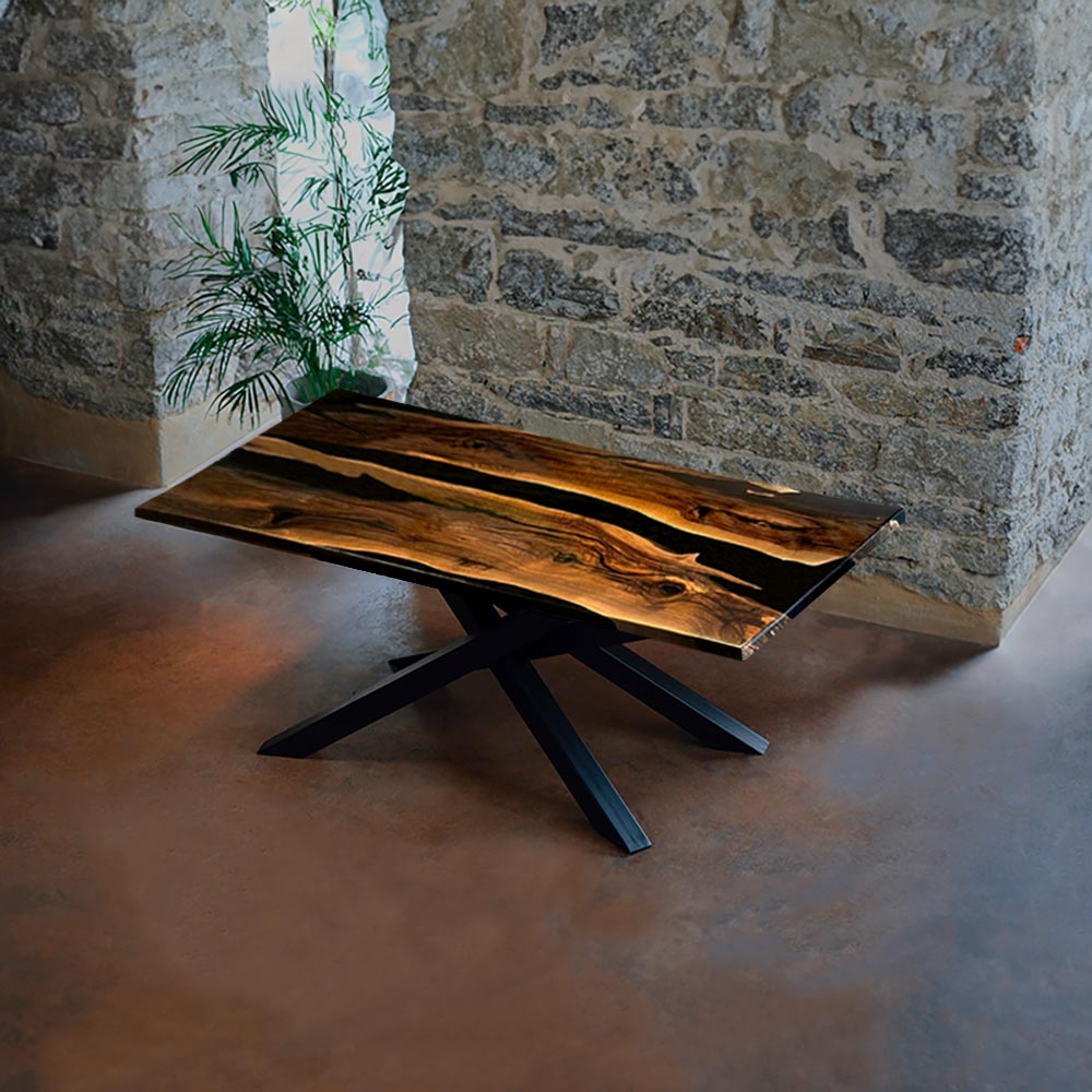 River Table aus Nussbaum dunkel mit Spidergestell. Modell Rheinfall von Schwarzhirsch