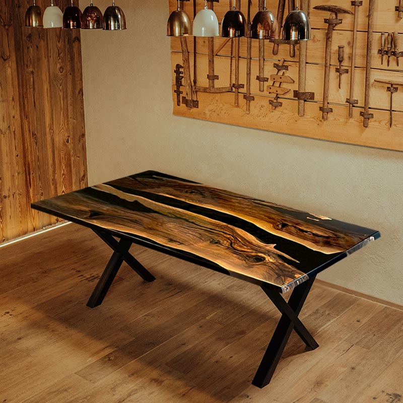 River Table aus Nussbaum dunkel mit X-Gestell. Modell Rheinfall von Schwarzhirsch