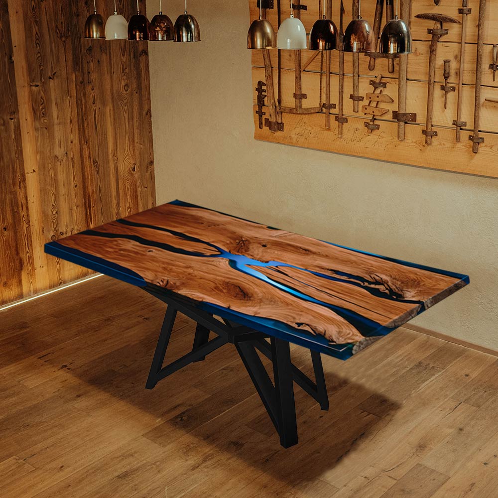 Epoxidharz Tisch aus rustikaler Eiche | Pavillion-Gestell | Modell Adria