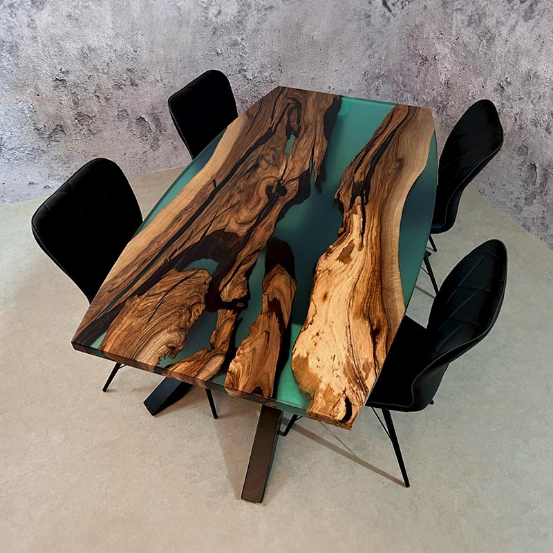 Bestuhlter River Table Nussbaum mit türkisem Epoxidharz und Kreuzgestell. Modell Schluchsee von schwarzhirsch