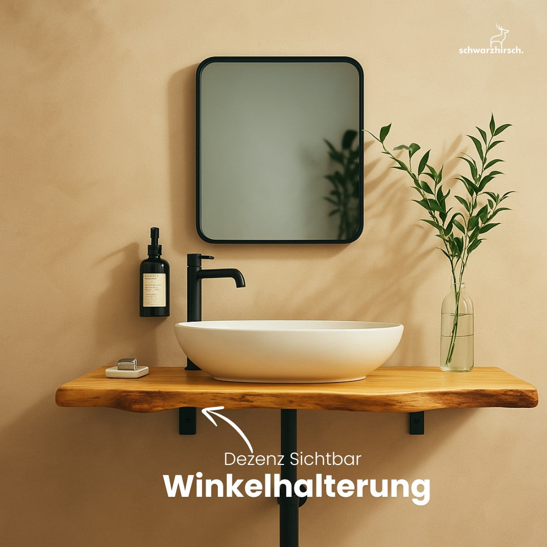 Waschtisch aus Eiche mit Baumkante | Wandhalterung in Winkelform
